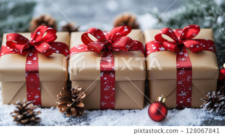 Merry Christmas, Happy New Year, gift boxes red ribbon bow, celebration, copy space, banner 128067841