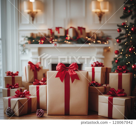 Merry Christmas, New Year, cardboard gift boxes red ribbon bow celebration, copy space, banner 128067842