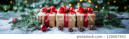 Merry Christmas, Happy New Year, gift boxes red ribbon bow, celebration, copy space, banner 128067843