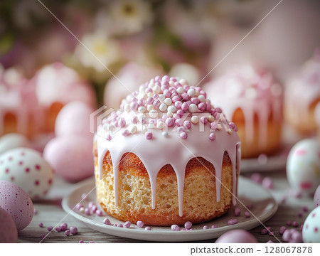 Easter cake, Easter eggs around it, flower, Easter poster, banner, Easter painted eggs, copy space 128067878