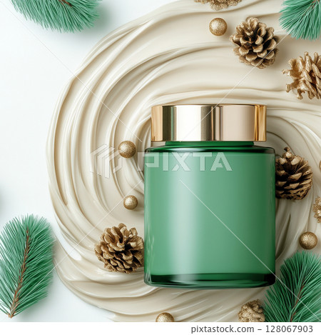 Face cream green jar, luxurious packaging with gold accents, surrounded by silky layer of light beige cream, Christmas, holiday, gift, bottle, shape, packaging, brand Face cream green jar, luxurious packaging with gold accents, surrounded by silky layer of light beige cream, Christmas, holiday, gift, bottle, shape, packaging, brand 128067903