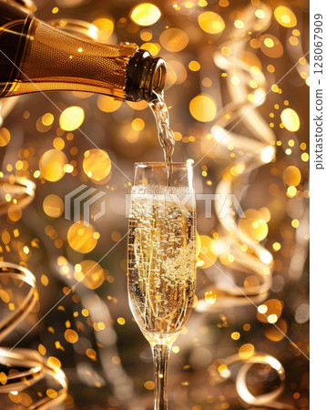 Luxury celebration exploding champagne bottle, glass splashing bubbles festive birthday, New Year Luxury celebration exploding champagne bottle, glass splashing bubbles festive birthday, New Year 128067909