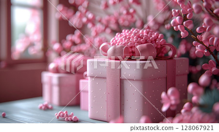Close up craft pink gift boxes pink ribbon bow, copy space, banner, Merry Christmas, New Year, birthday, Mother's Day, Valentine's Day Close up craft pink gift boxes pink ribbon bow, copy space, banner, Merry Christmas, New Year, birthday, Mother's Day, Valentine's Day 128067921