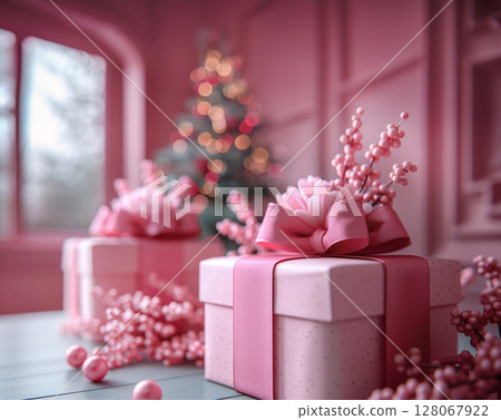 Close up craft pink gift boxes pink ribbon bow, copy space, banner, Merry Christmas, New Year, birthday, Mother's Day, Valentine's Day 128067922