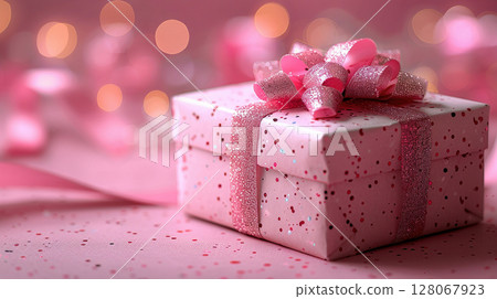 Close up craft pink gift boxes pink ribbon bow, copy space, banner, Merry Christmas, New Year, birthday, Mother's Day, Valentine's Day 128067923