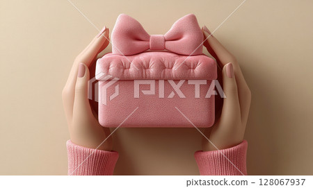 Woman hands holding pink gift satin ribbon, shopping Valentines, New Year, Mothers, Christmas 128067937
