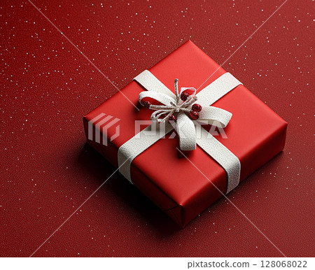 Present red gift box, ribbon red background, birthday, Christmas, Valentines Mothers Day, copy space 128068022