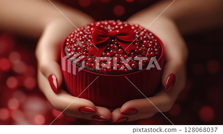 Woman hands holding red luxury gift satin ribbon, shopping Valentines, New Year, Mothers, Christmas Woman hands holding red luxury gift satin ribbon, shopping Valentines, New Year, Mothers, Christmas 128068037