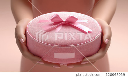 Woman hands holding pink gift satin ribbon, shopping Valentines, New Year, Mothers, Christmas 128068039