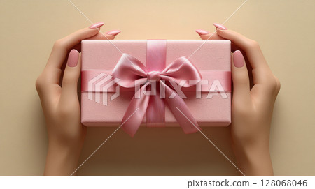 Woman hands holding pink gift satin ribbon, shopping Valentines, New Year, Mothers, Christmas Woman hands holding pink gift satin ribbon, shopping Valentines, New Year, Mothers, Christmas 128068046
