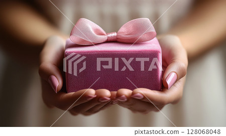 Woman hands holding pink gift satin ribbon, shopping Valentines, New Year, Mothers, Christmas 128068048