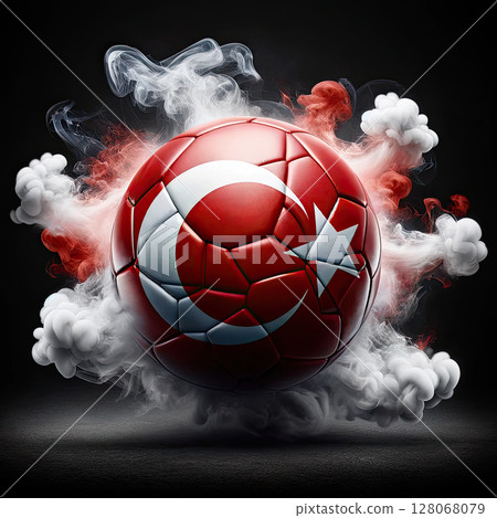 Illustration Soccer ball Turkey Smoke Flag country red yellow, black brush paint watercolor drawn stroke texture isolated background Illustration Soccer ball Turkey Smoke Flag country red yellow, black brush paint watercolor drawn stroke texture isolated background 128068079