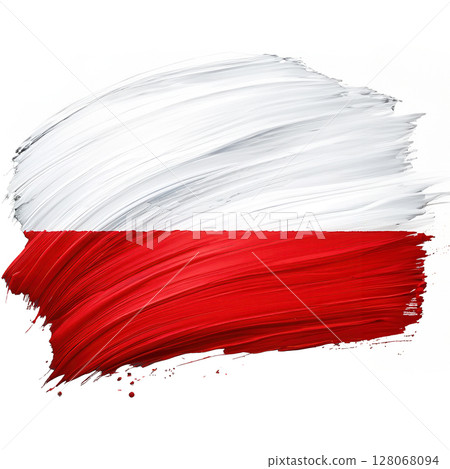 Illustration Flag Poland Europe country red white brush paint watercolor hand drawn stroke texture isolated background 128068094