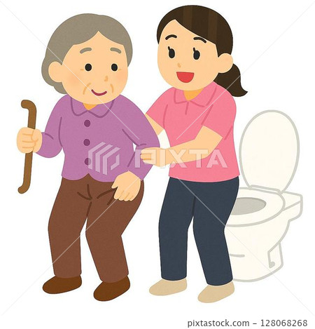 一位護理人員和一位老年婦女協助上廁所的插圖 128068268