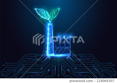 Green energy eco factory concept with sustainable leaves and digital technology integration Green energy eco factory concept with sustainable leaves and digital technology integration 128068307