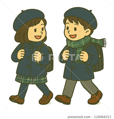 穿著冬裝上學的男女小學生（貝雷帽，外套，圍巾，書包） 128068321