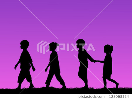 Illustration of children walking in a line at dusk Illustration of children walking in a line at dusk 128068324