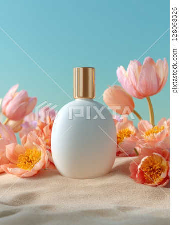 Elegant white perfume bottle surrounded by soft pink flowers on a serene background 128068326