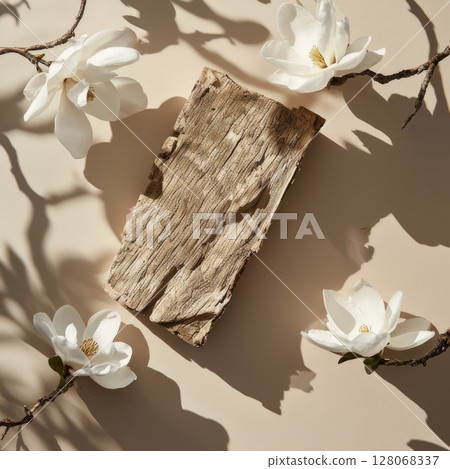 Product demonstration scene Natural wood and white flowers, elegantly arranged on a neutral background, create a serene aesthetic 128068337