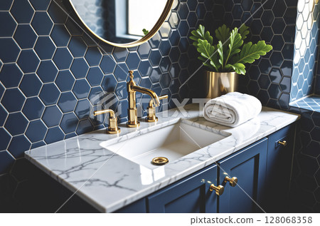 Luxury bathroom interior with blue hexagon tiles and brass faucet. AI generated. Luxury bathroom interior with blue hexagon tiles and brass faucet. AI generated. 128068358