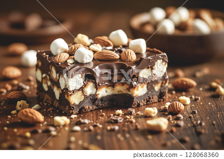 Decadent rocky road chocolate bar with almonds and marshmallows. AI generated. 128068360