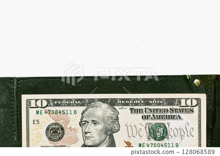 Banknotes ten dollars on handbag,clutch.purse,wallet Banknotes ten dollars on handbag,clutch.purse,wallet 128068589