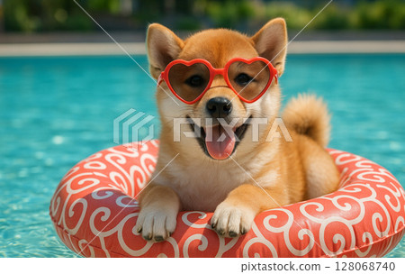 A smiling Shiba Inu puppy enjoys the summer in an arabesque patterned swim ring! A cute scene on a perfect day for the pool 128068740