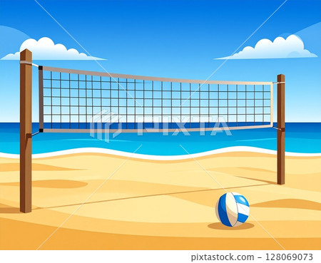 Sandy beach with beach volleyball net and ball 128069073