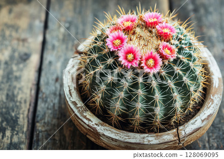 Close-up of Cactus with Pink Flowers on Wooden Desk in Desert Background 128069095
