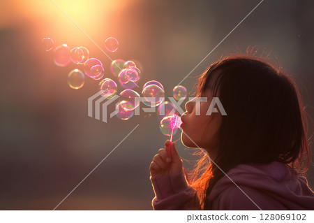 Cheerful Child Blowing Soap Bubbles at Sunset in Soft Light with Colorful Highlights 128069102
