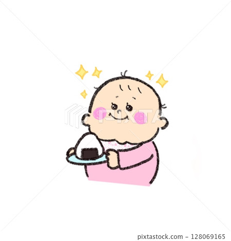 嬰兒開心地看著飯糰的插圖 嬰兒開心地看著飯糰的插圖 128069165