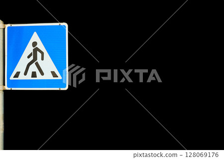 Road sign Pedestrian crossing isolated on black Road sign Pedestrian crossing isolated on black 128069176