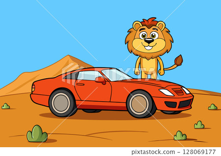 Smiling lion travels in a car through the desert 128069177