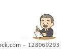 Mini character illustration of a male veteran employee pointing at a document and explaining 128069293