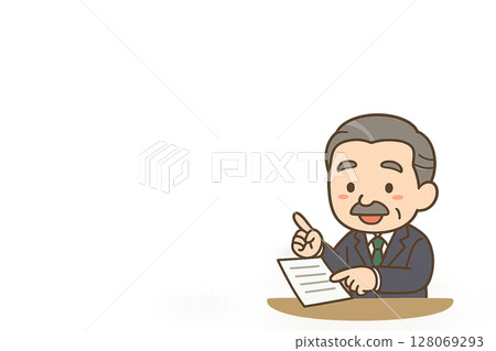Mini character illustration of a male veteran employee pointing at a document and explaining Mini character illustration of a male veteran employee pointing at a document and explaining 128069293