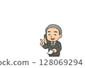 Mini character illustration of a male veteran employee giving telephone instruction on handling complaints 128069294