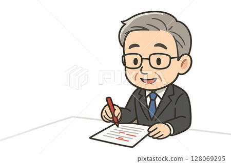 Mini character illustration of a male veteran employee giving advice while correcting with a red pen Mini character illustration of a male veteran employee giving advice while correcting with a red pen 128069295