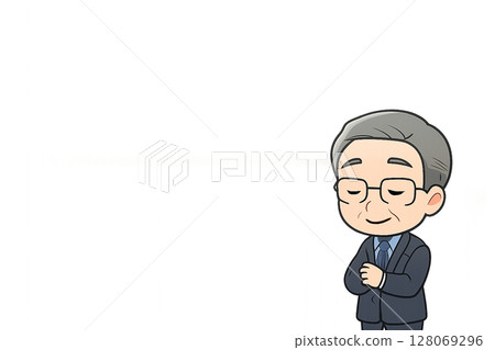 Mini character illustration of a male veteran employee watching over a presentation practice Mini character illustration of a male veteran employee watching over a presentation practice 128069296