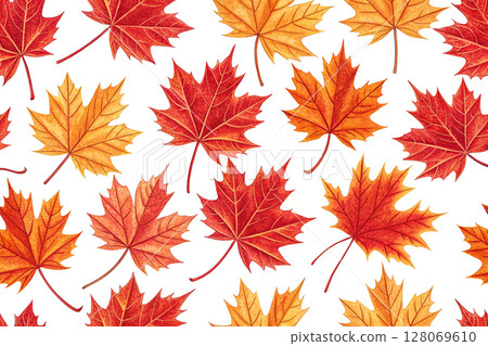 Autumn mood.Orange red maple leaves pattern on white 128069610