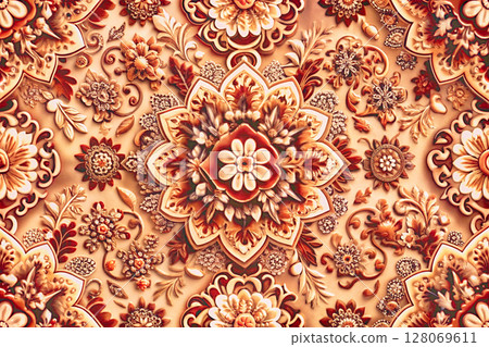 Orange brown carpet flower ornate oriental 128069611
