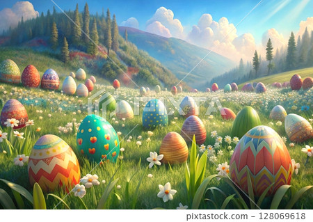 Spring meadow.Easter colorful painted eggs on mountain valley Spring meadow.Easter colorful painted eggs on mountain valley 128069618