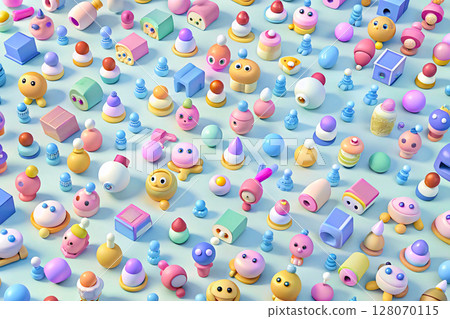 Children's bright blue background with painted toys Children's bright blue background with painted toys 128070115