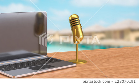 The Laptop and microphone for Pod cast or social media 3d render. 128070191