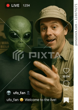Man livestreaming with a friendly alien, smiling and taking a selfie 128070271