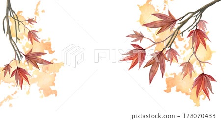 Red leaves of maple tree branch. Watercolor illustration hand drawn isolated on white background with orange watercolor spots. For design fabric, textile, prints, posters 128070433
