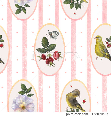 Vintage pink pattern of rose hips, leaves, branches of rose hips, white Apollo butterfly and greenfinch, vertical stripes and oval frames. Watercolor illustrations are hand drawn Vintage pink pattern of rose hips, leaves, branches of rose hips, white Apollo butterfly and greenfinch, vertical stripes and oval frames. Watercolor illustrations are hand drawn 128070434