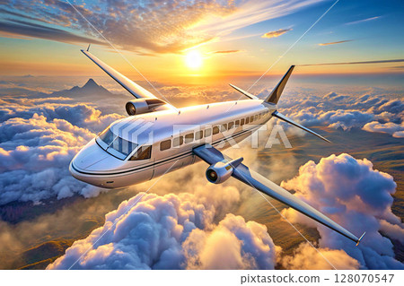 Passenger plane in blue sky with sunset clouds Passenger plane in blue sky with sunset clouds 128070547