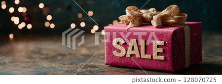 Red gift box with gold ribbons and the word Sale written on it over blurred dark festive background. Banner for holiday promotions 128070725