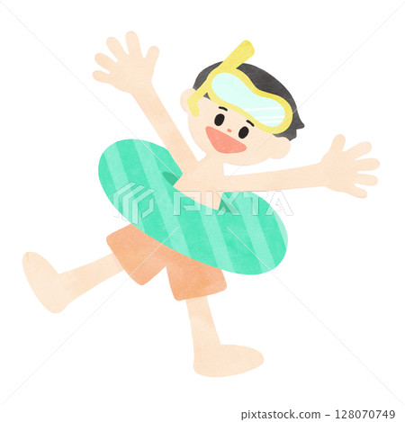 Boy in a swimsuit playing with a swim ring Summer motif Simple watercolor illustration 128070749