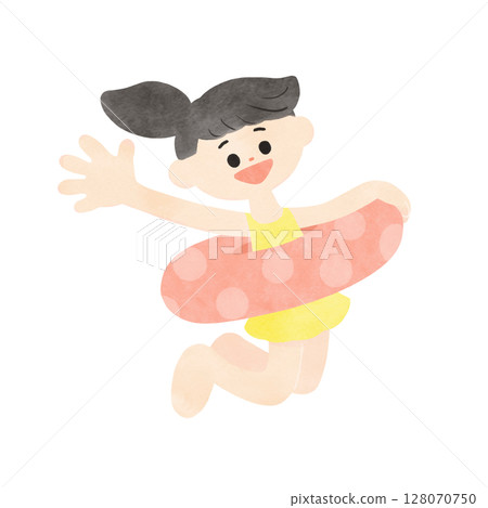 A girl in a swimsuit playing with a swim ring. Summer motif. Simple watercolor illustration 128070750